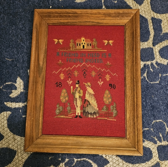 Vintage needlepoint framed 1890 friend art artwork grandma red wood framed - Picture 1 of 7